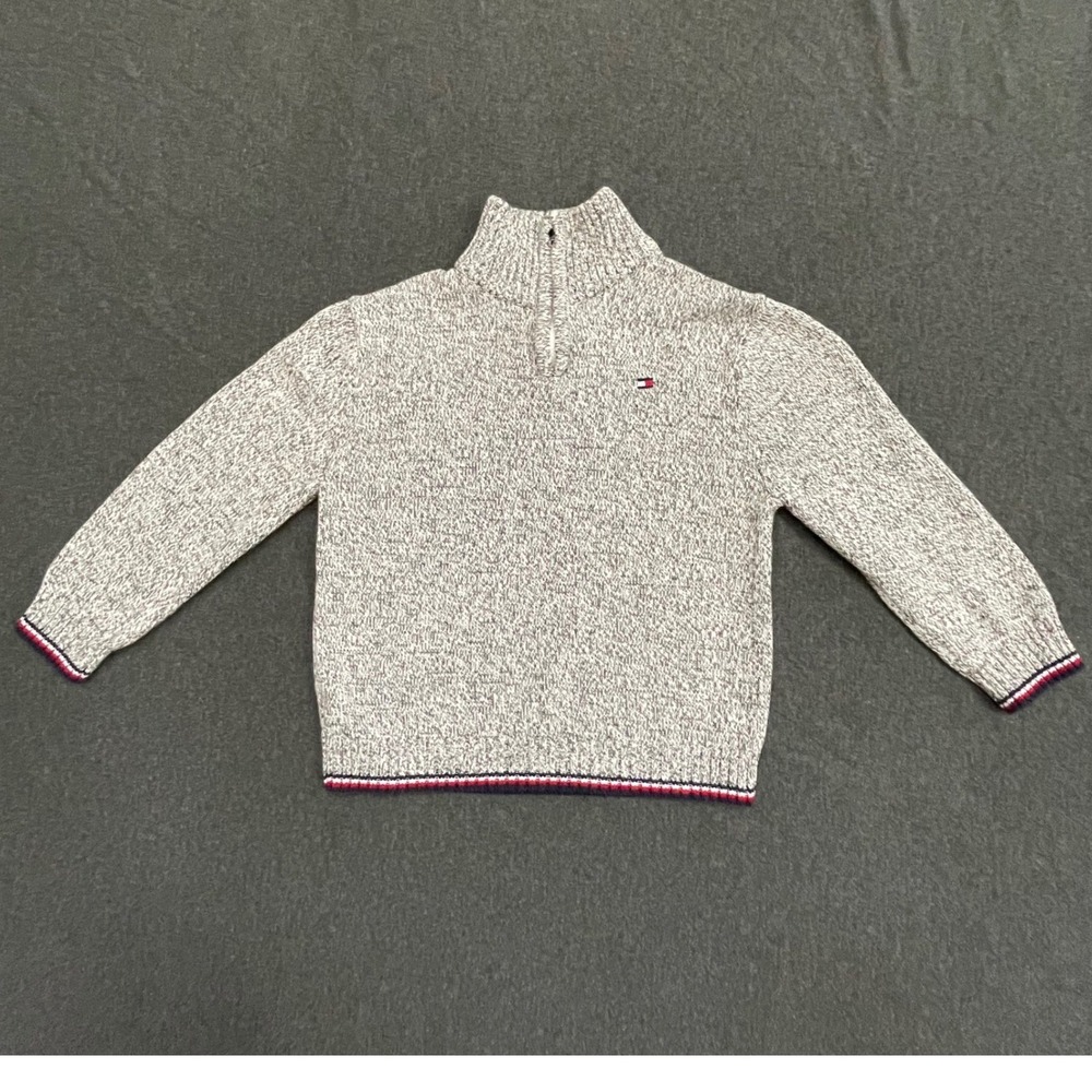 Tommy Hilfiger Boys Grey Marl Quarter Zip Mock Neck Cotton Sweater 3T